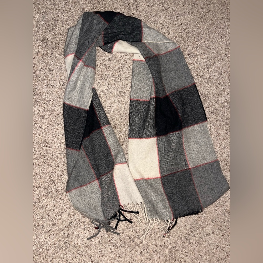 Plaid Gray Black and Red Wool Scarf